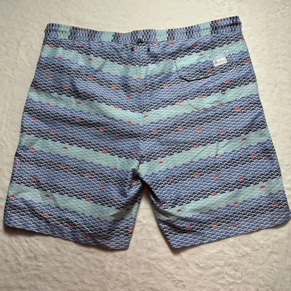 Peter Millar Swim Trunks Boat Print Drawstring Swim Shorts Blue Mens‎ Sz L *READ